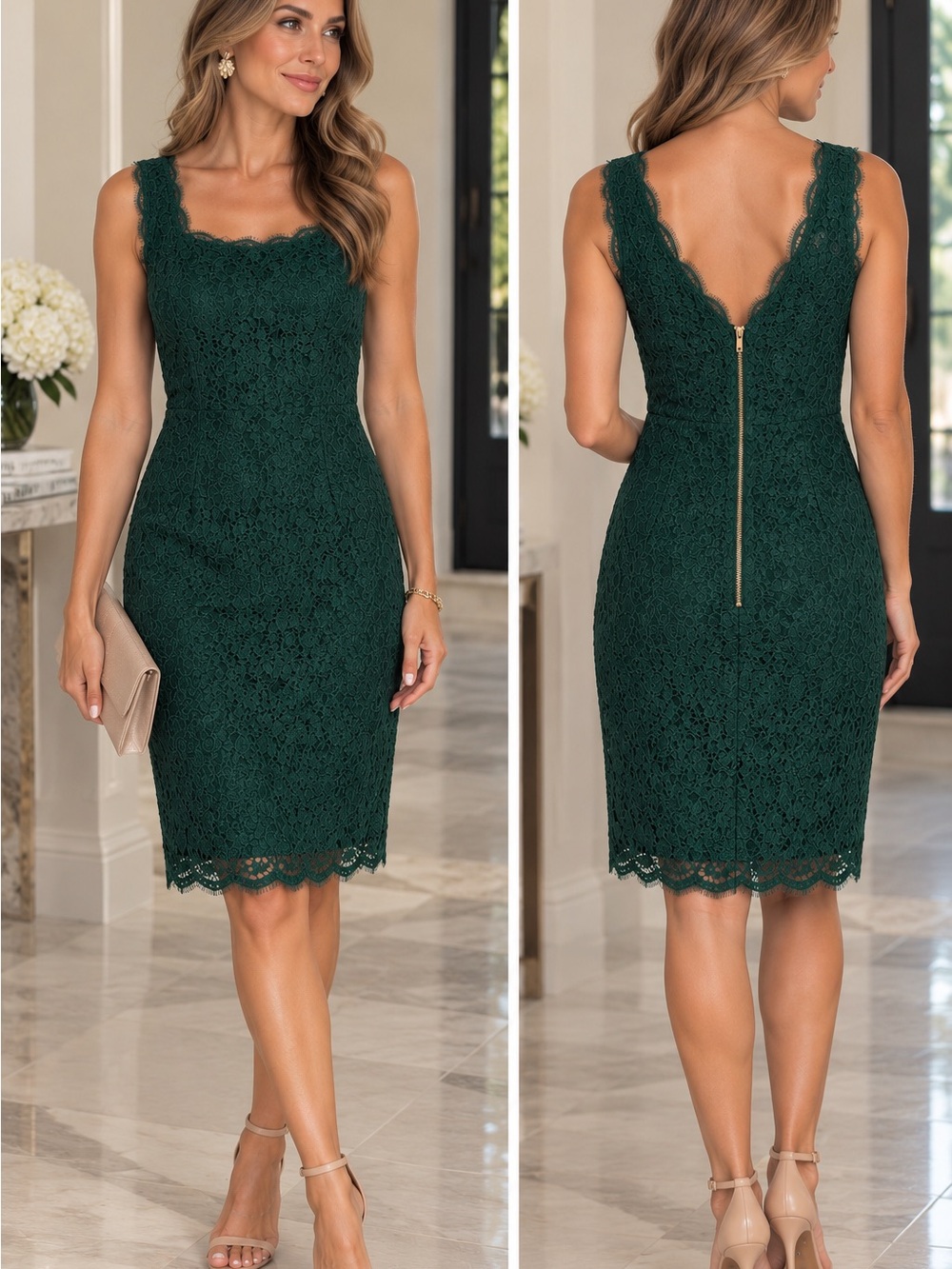 Adrianna Papell Hunter Green Lace Sheath Cocktail Dress Size 14